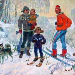 Пазл: Семья  на лыжной прогулке