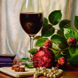Пазл: Роза,вино и жемчуг