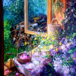 Пазл: Летнее окно с цветами