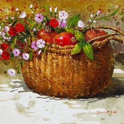Пазл: Корзина с полевыми цветами и фруктами