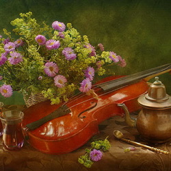 Пазл: Чай, скрипка и цветы