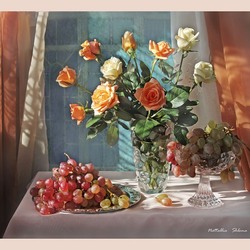 Пазл: Натюрморт с розами и виноградом на утреннем столе