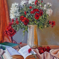 Пазл:  Натюрморт с цветами и книгами