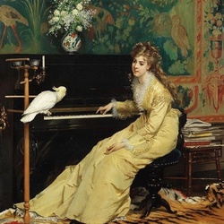 Пазл: Девушка у пианино с попугаем