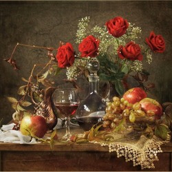 Пазл: Розы, спелые фрукты и вино