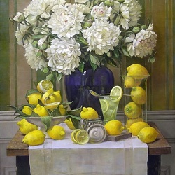 Пазл: Натюрморт с пионами и лимонами