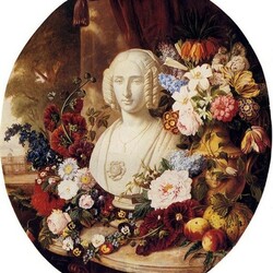 Пазл: Натюрморт с плодами, цветами и мраморным женским бюстом