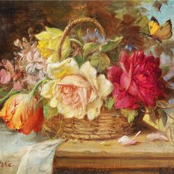 Пазл: Корзинка с цветами и бабочка