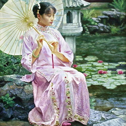 Пазл: Девушка в розовом с зонтиком  