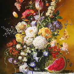 Пазл: Натюрморт с цветами и арбузом