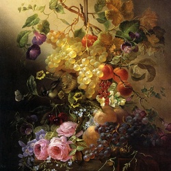 Пазл: Цветы, фрукты и бабочки на столе