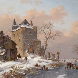 Пазл: Фигуристы возле замка в зимний день 