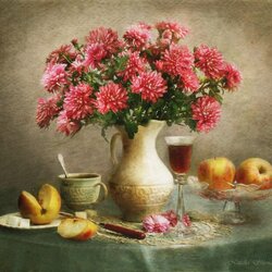 Пазл: Натюрморт с яблоками и осенними цветами