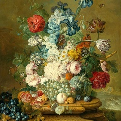 Пазл: Натюрморт с цветами и фруктами 