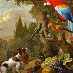 Пазл: Натюрморт с фруктами, собакой и попугаями в пейзаже 