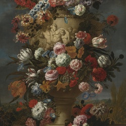 Пазл: Цветы в вазоне на фоне пейзажа