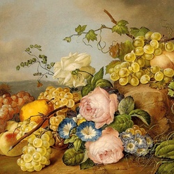 Пазл: Натюрморт с цветами и фруктами в пейзаже