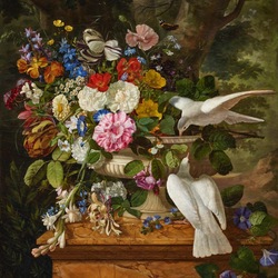 Пазл: Цветы и голуби