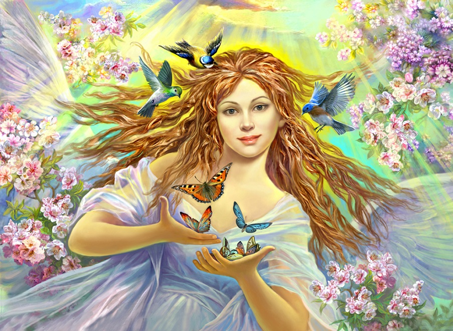 Голенькая фея на цветущей поляне