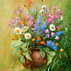 Пазл:  Глиняная ваза с полевыми цветами