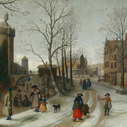 Пазл: Зимний пейзаж с фигуристами за стенами города  