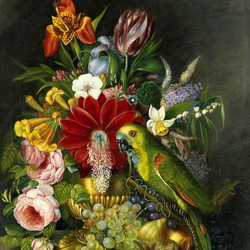 Пазл: Натюрморт с цветами и попугаем 