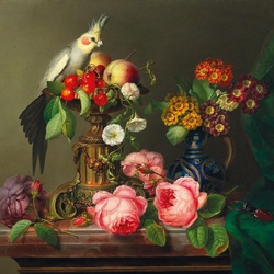 Пазл: Цветы, фрукты  и попугай