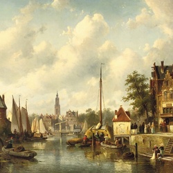 Пазл: Голландский город с рекой и фигурами