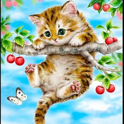 Пазл: Котёнок на вишне