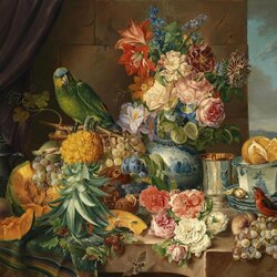 Пазл: Фрукты, цветы и попугай
