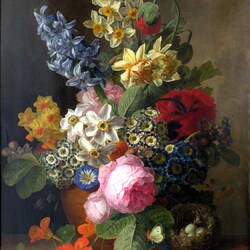 Пазл: Натюрморт с цветами и гнездом