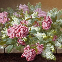 Пазл: Натюрморт с розовыми розами и сиренью