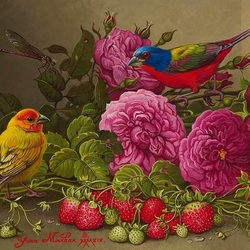 Пазл: Цветы, ягоды и птицы