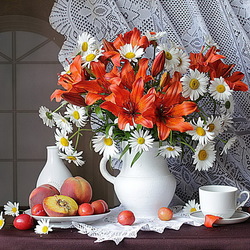 Пазл: Натюрморт с цветами и фруктами