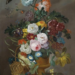 Пазл: Натюрморт с цветами и корзиной винограда