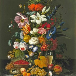 Пазл: Натюрморт с цветами ,фруктами и вином