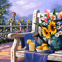 Пазл: Цветы на скамейке