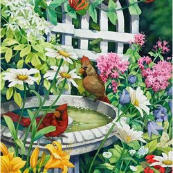 Пазл: Птичий фонтанчик в саду