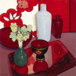 Пазл: Натюрморт с красным подносом и вазами