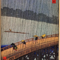 Пазл: 100 известных видов Эдо. № 52. Вечерний дождь в Атаке на Великом мосту