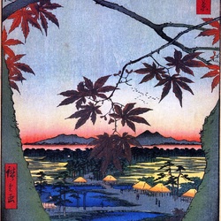 Пазл: 100 известных видов Эдо. Кленовые листья и храм и мост Текона в Мама