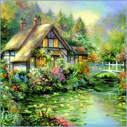 Пазл: Дом у водоема с лилиями