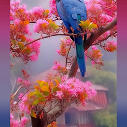 Пазл: Голубая птица на розовой ветке