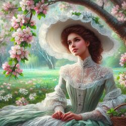 Пазл: Девушка под цветущей яблоней