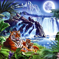 Пазл: Тигры у водопада