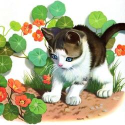 Пазл: Котенок и цветы