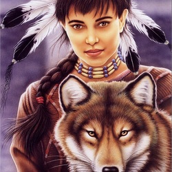 Пазл: Индейская девушка и волк