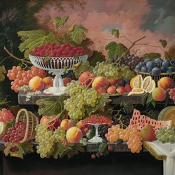 Пазл: Натюрморт с фруктами на фоне закатного пейзажа