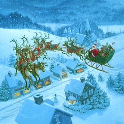 Пазл: Санта над крышами домов