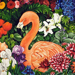 Пазл: Фламинго среди цветов